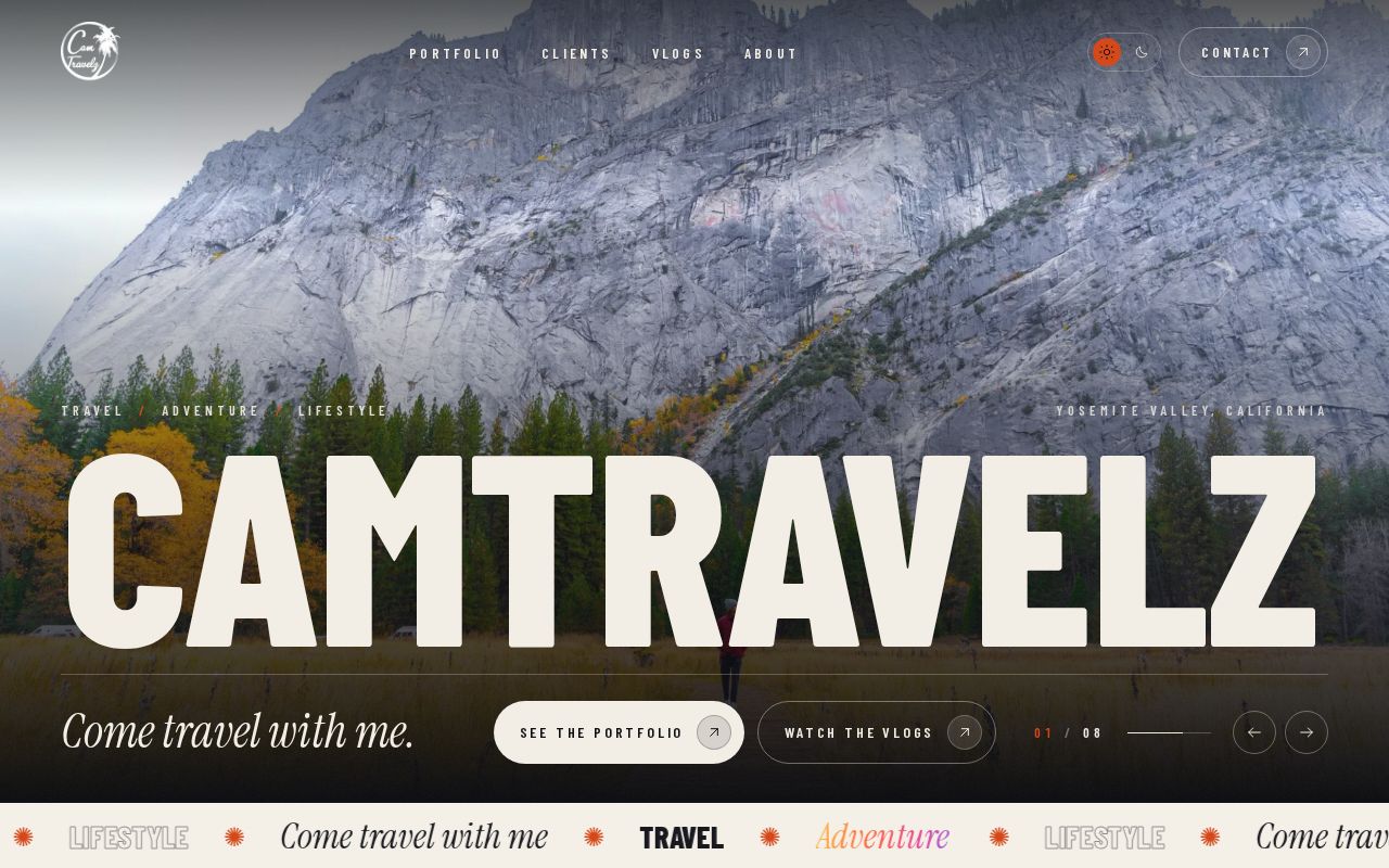 Camtravelz homepage: a full-screen photograph of Yosemite Valley behind the site name